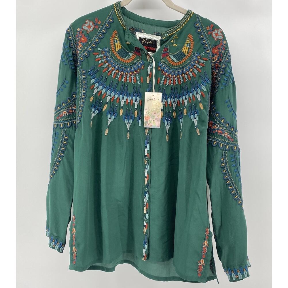 Johnny Was Biya Audrey Mandarin Tunic Layla 100% Silk Green Embroidered NWT